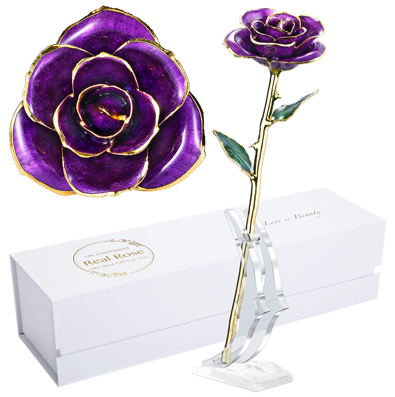Anniversary Rose Gift for Wife, Forever 24k Gold Real Rose and Best for her Rose, Purple with Stand
