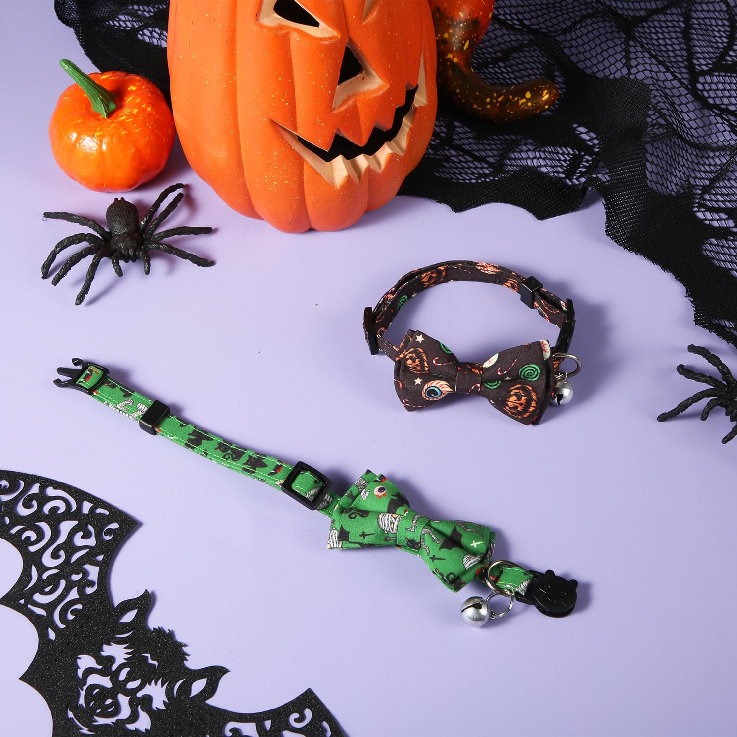 LUTER Halloween Cat Collar, 11.8x0.39 Inch Adjustable Kitty Collar with Bell, Bow Tie, Pumpkin Print - Green & Black - Image 4