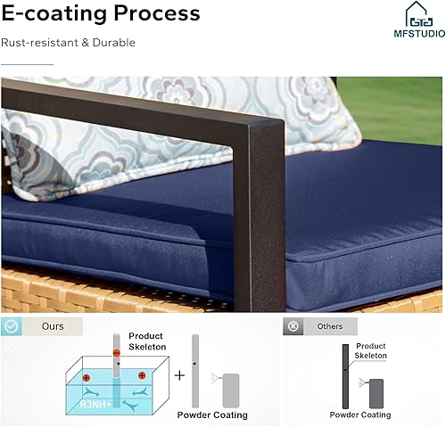 Miniatura 7 de MFSTUDIO Juego de 4 muebles de patio al aire libre, pequeño sofá de ratán para exteriores con mesa de madera, sofá biplaza y sillas, juego de