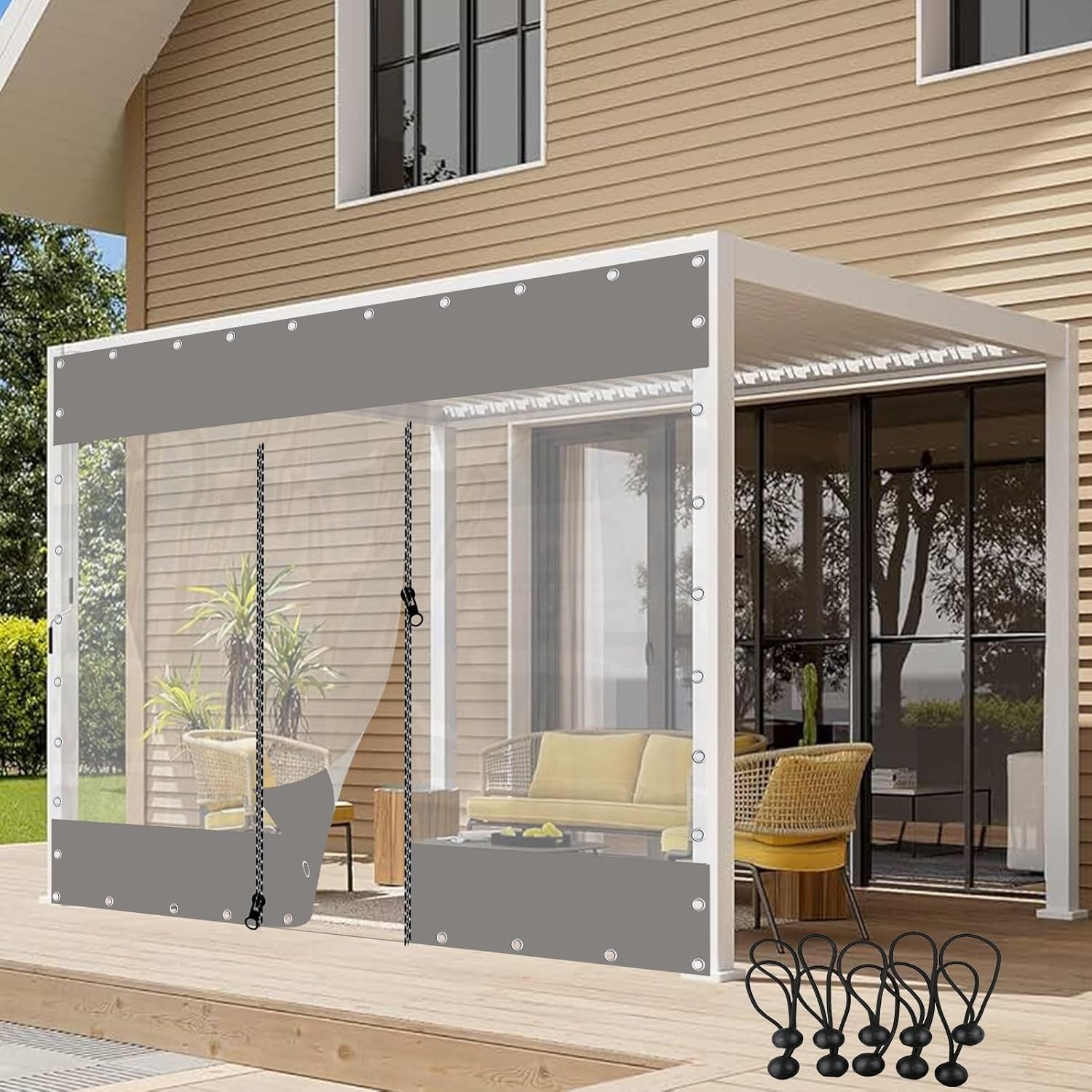 Rideau de bâche extérieure imperméable en PVC gris 1,5x2m avec fermeture éclair
