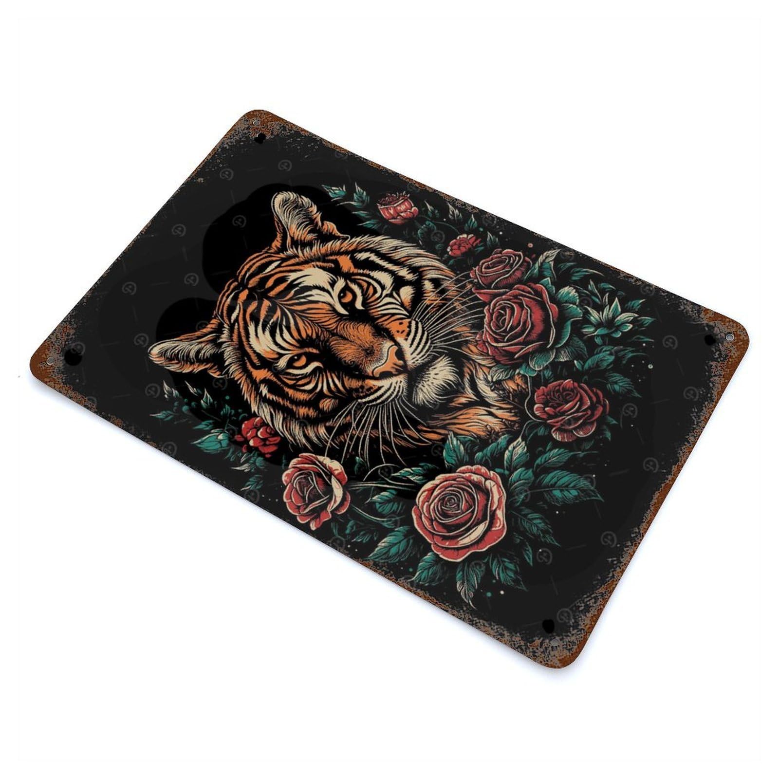 Tiger And Flowers Distressed Metal Wall Sign 11.8"x7.9", Ideal for Garage, Bar And Workshop Decor