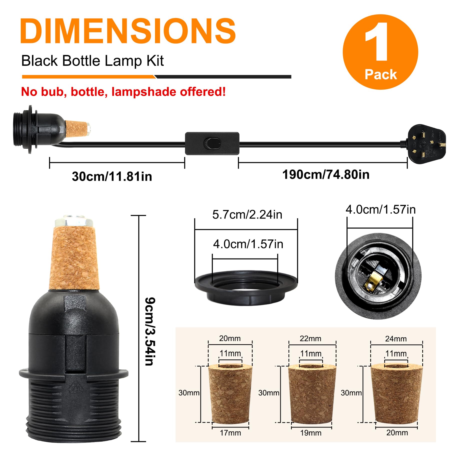 Lamp Kits Do it Yourself, Bottle Lamp Kits, 240cm Black Bottle Lamp Adaptor Kit - Image 2