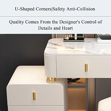 Vanity Table Sets with LED Mirror and Sideboard with Drawers, 3 Color Touch Screen Dimming Mirror, Dressing Table for Makeup Room and Bedroom with Stool,White-gold-100cm
