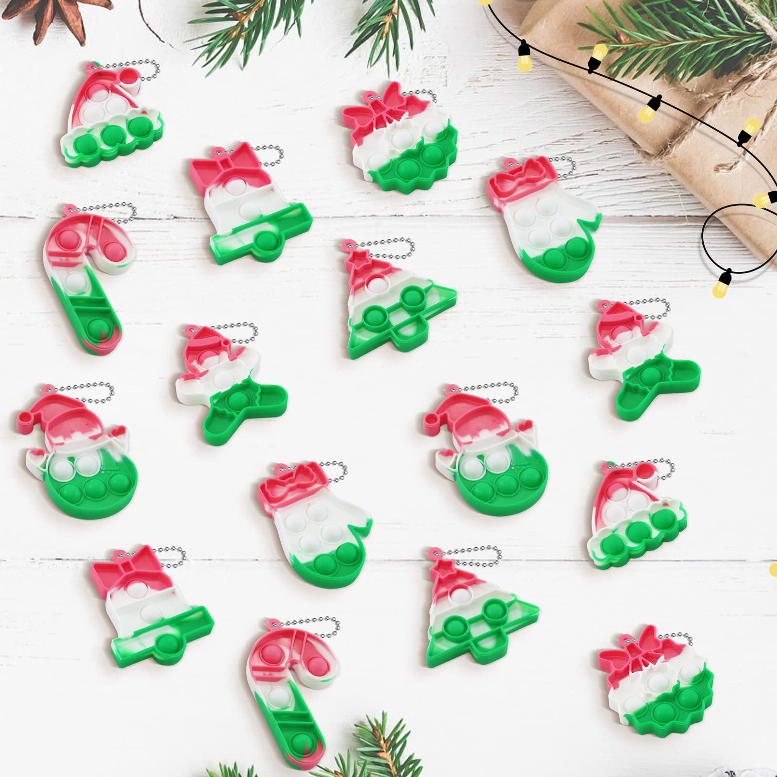 Large 32 PCS Christmas Party Favors for Kids: Christmas Stocking Stuffers Grinch Trinkets, Goodie Bag Stuffers Classroom Prizes Gifts, Fidget Toys Bulk Pop Keychain (32 Keychain + 32 Cards)