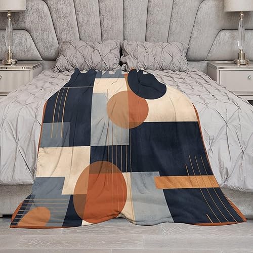 Miniatura 6 de Manta geométrica abstracta de color azul marino, naranja quemado, arte abstracto, de mediados de siglo, moderna, suave, 70 x 80 pulgadas, manta de