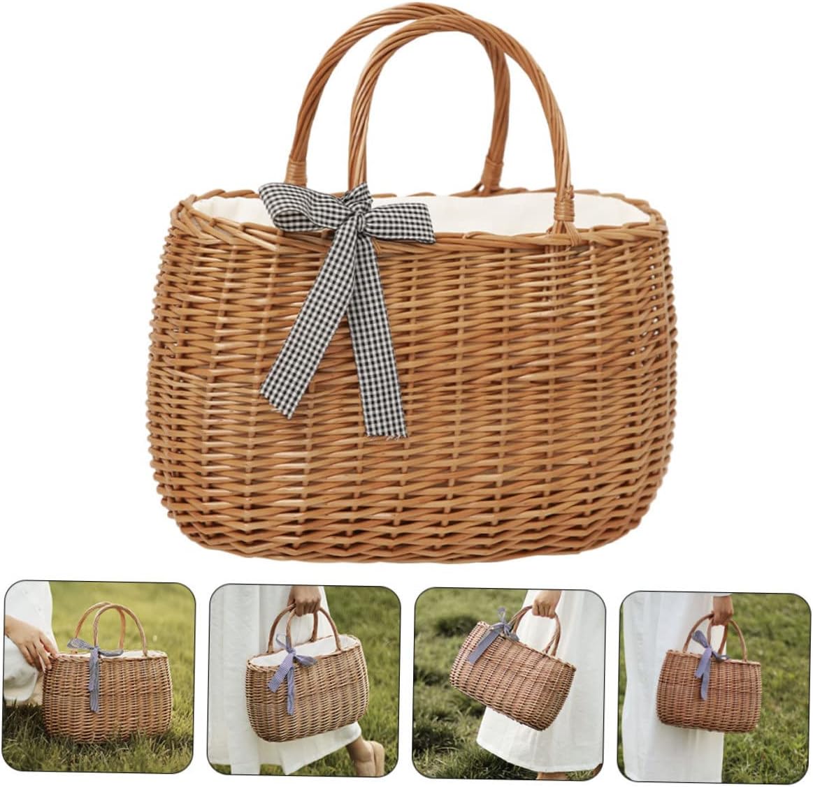 Hand Woven Flower Basket Bag Portable Handheld Woven Rattan Basket Multi-functional Storage for Home Decor