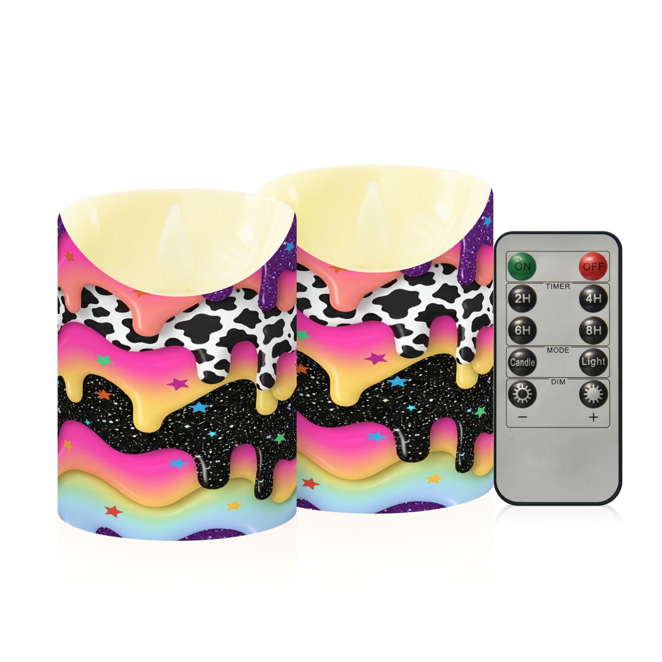 Kutsu Colorful Drip Flameless Candles Set of 2, Battery Operated LED Flickering Candles with Remote and Timer, Plastic Pillar Candles for Home Wedding Decor