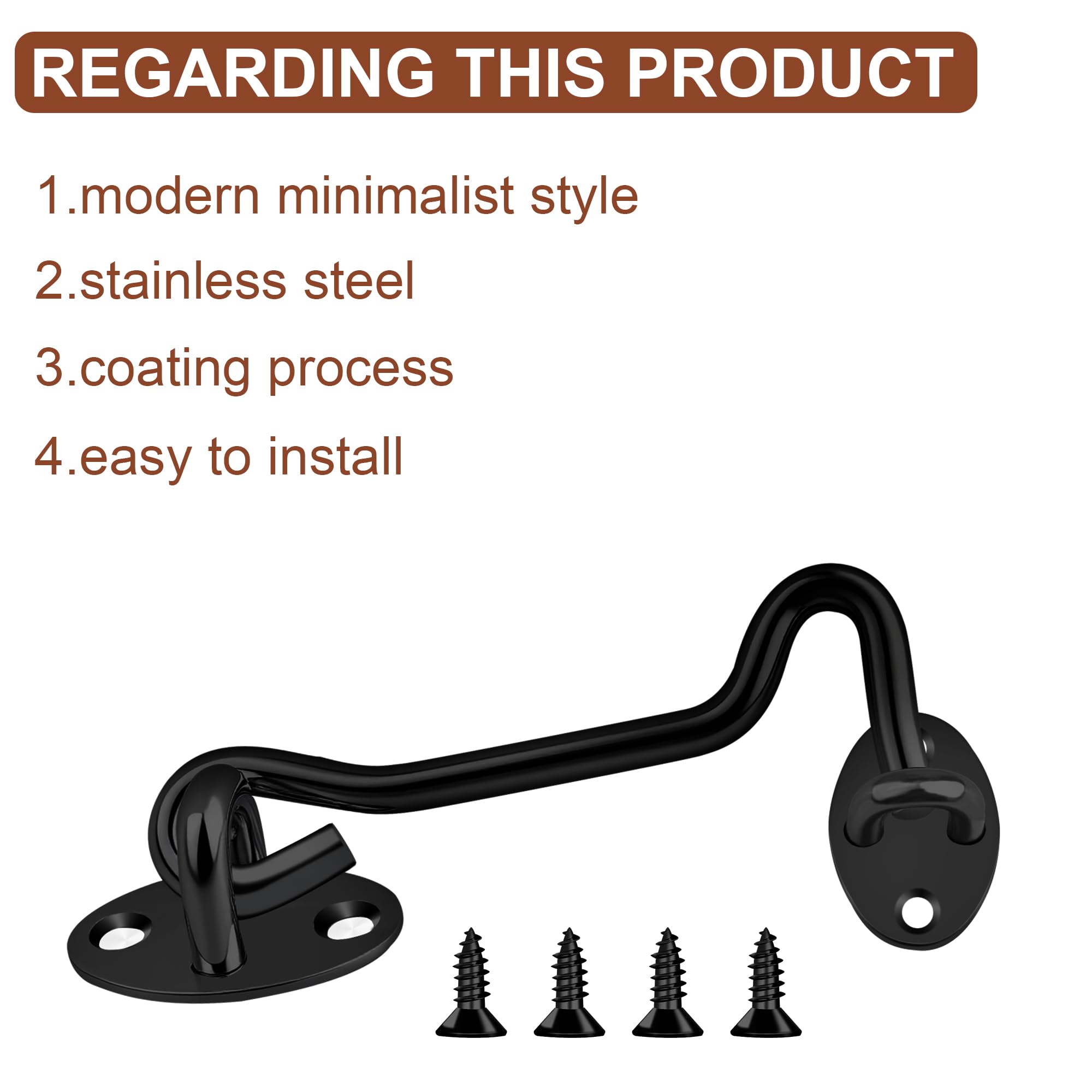 2PCS Hook and Eye Latch 4 Inch Black Stainless Steel Gate Latch- Ideal for Door Locks Without Drilling Garden Gates Over Door Sheds Bathrooms Bedroom Door Lock - Image 3