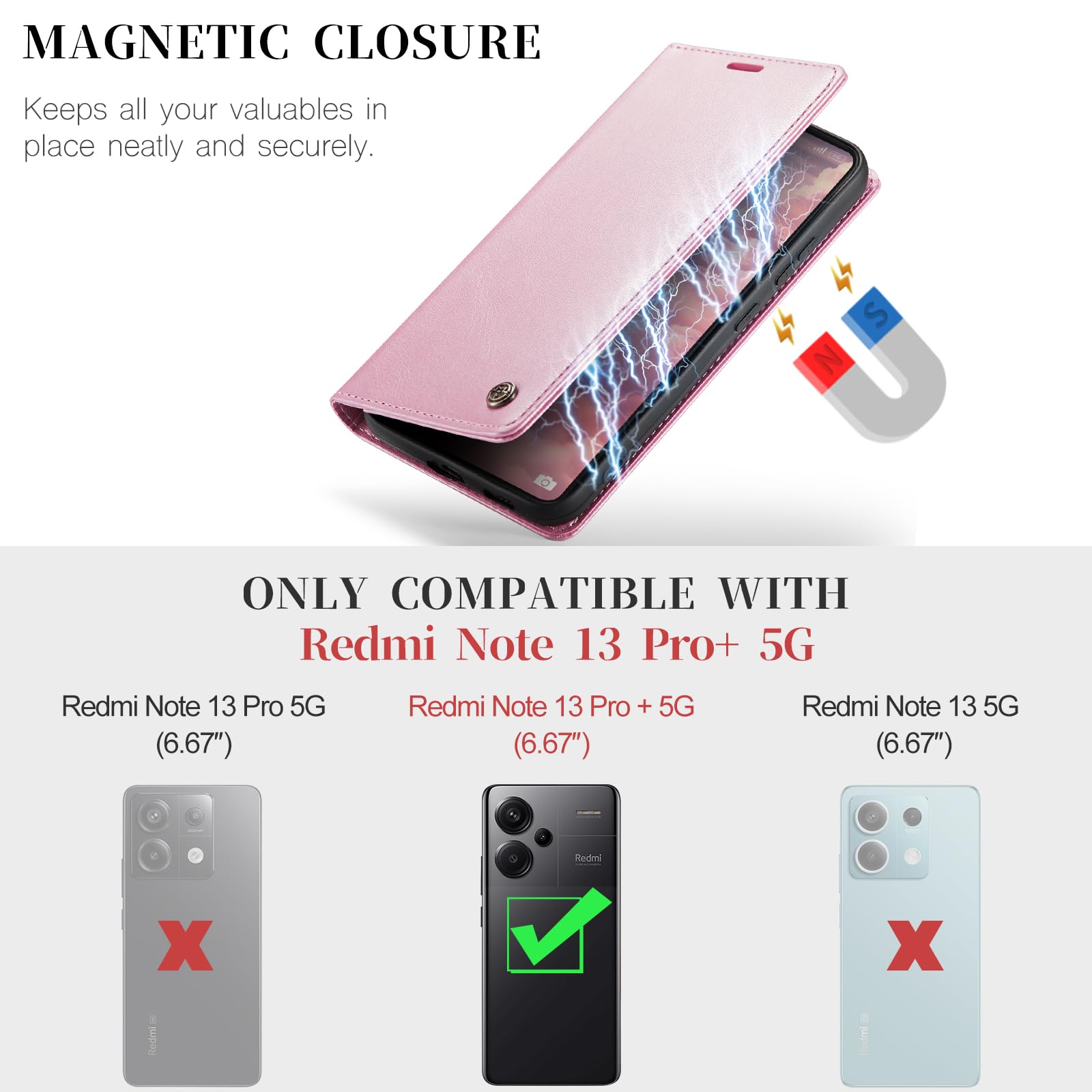 HAOYE Cover per Xiaomi Redmi Note 13 Pro+ Plus 5G Cover, Custodia Chiusura Magnetica Flip Case Stile, Pelle PU/TPU Rose Sbalzato con Supporto di Stand/Carte Slot. Oro Rosa