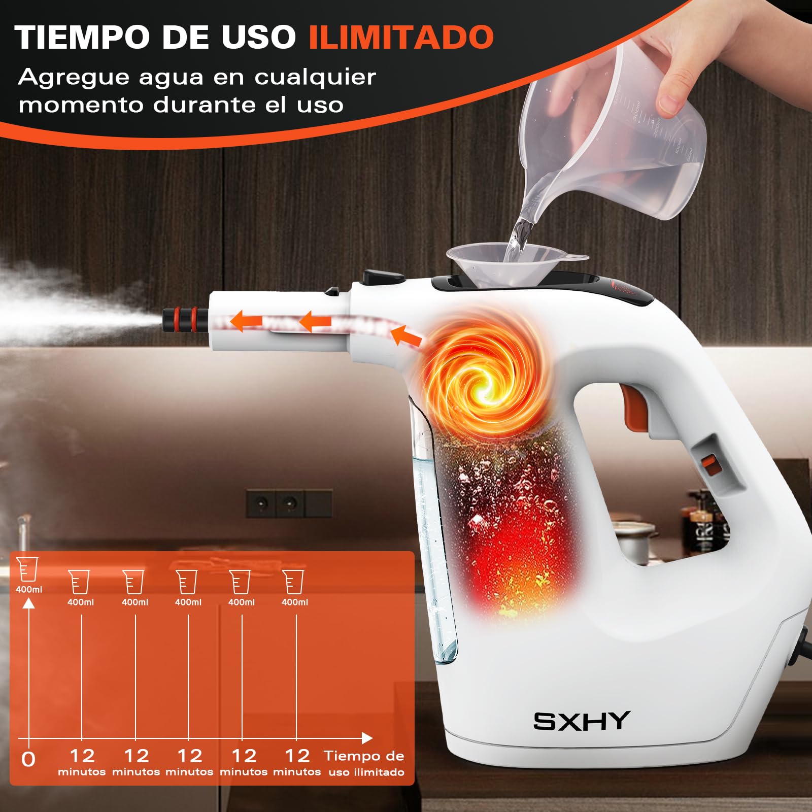 Limpiador de vapor portátil, limpiador de vapor doméstico multifuncional, tanque de agua transparente, juego de accesorios de 11 piezas, adecuado para grasa de cocina, sofás, baños, etc.