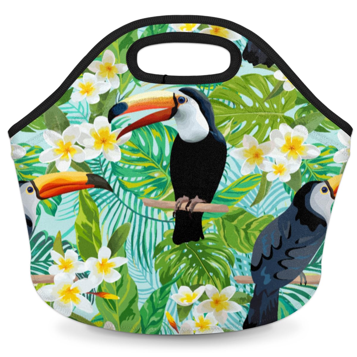QsirBC Lovely Toucan Birds Neoprene Lunch Bag with Smooth Zipper Portable Neoprene Lunch Box Reusable Insulated Lunch Tote Lunch Sack for Adults Women