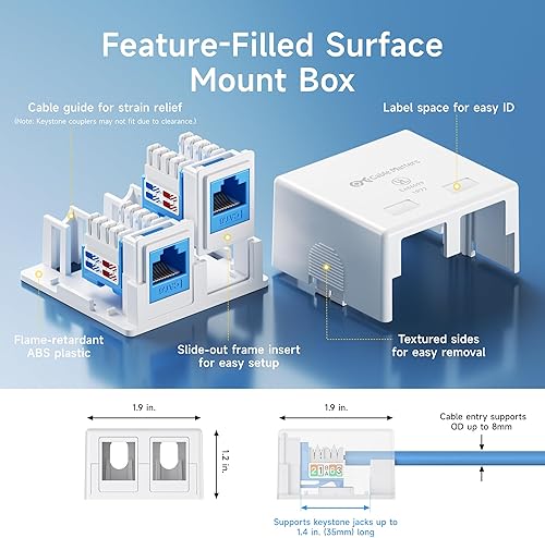 Miniatura 2 de Cable Matters Paquete de 10, caja de montaje en superficie con conector Keystone de 2 puertos en color blanco