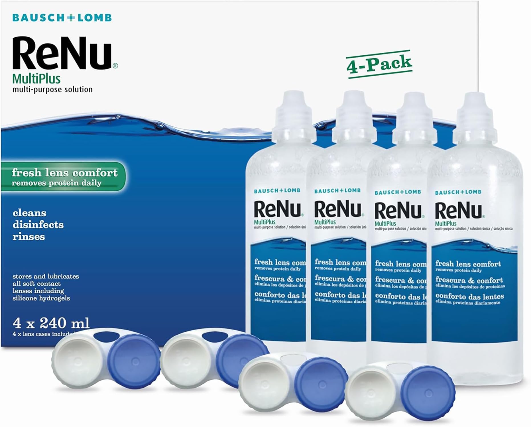 MultiPlus Multi-Purpose Contact Lens Solution, 4 x 240 ml for Soft Contact Lenses, Moisturise, Remove Protein, Clean, Disinfect, Lubricate, Rinse and Store Your Lenses, Lens Case Included
