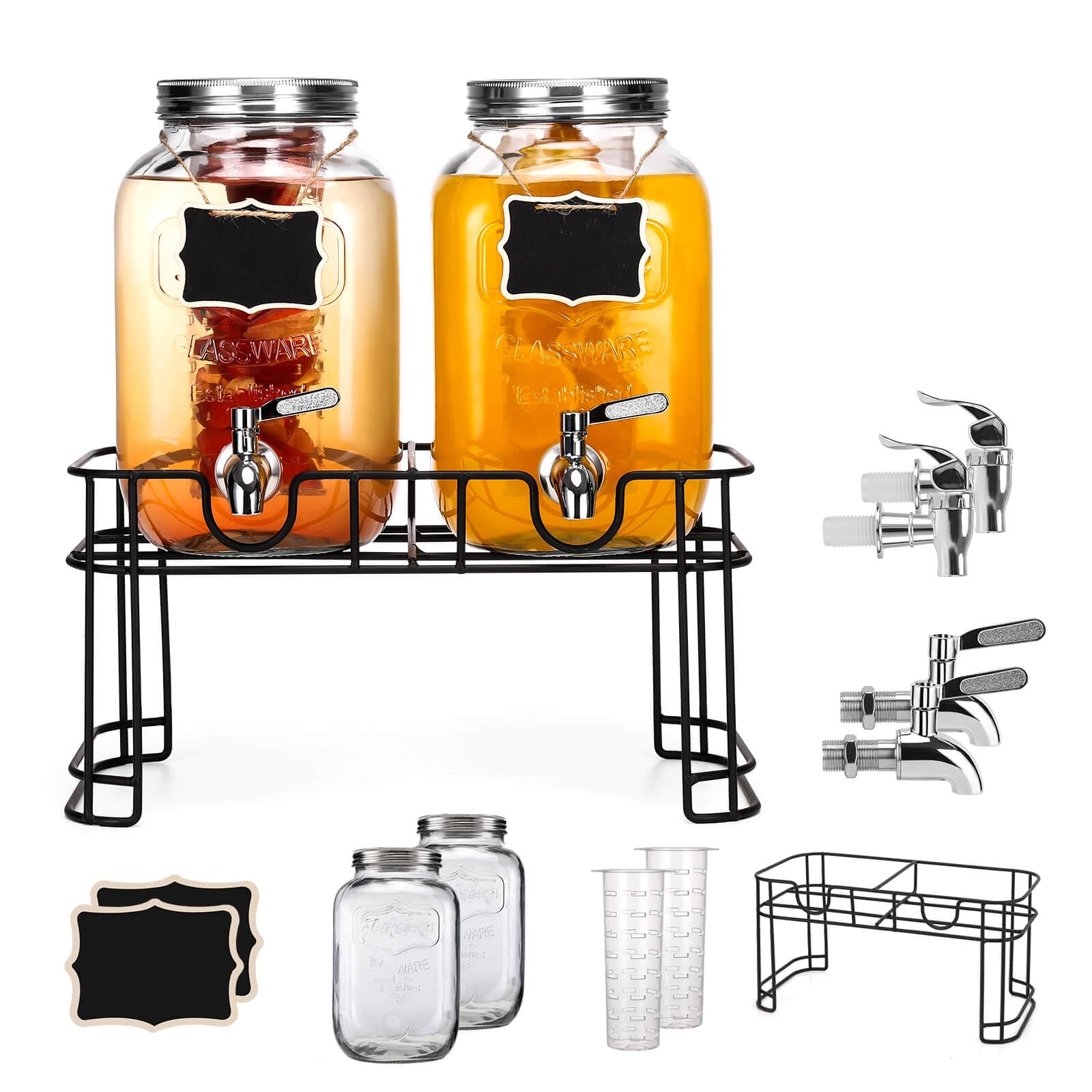 1 Gallon Glass Drink Dispensers with Stand for Parties, 2 Pack Large and Iced Beverage Dispensers, Sun Tea Glass Jar for Outside, Lemonade Juice Dispenser with Iced Core, Vitroleros Para Aguas Frescas