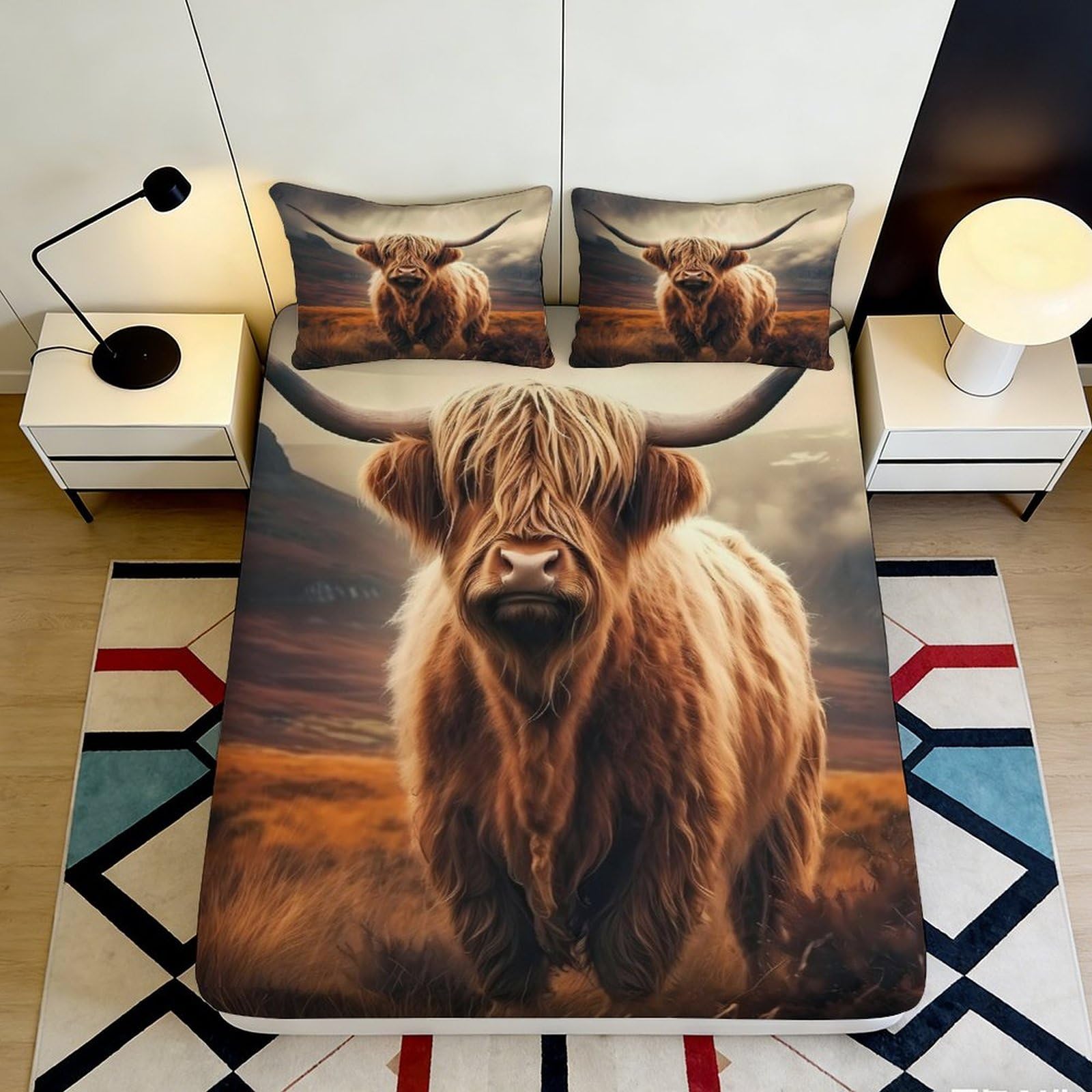 3D Printed Highland Cow Fitted Sheet Microfiber Brown Pastoral Landscape Mattress Cover Bedroom Decor Anti-slip 90x200x25cm