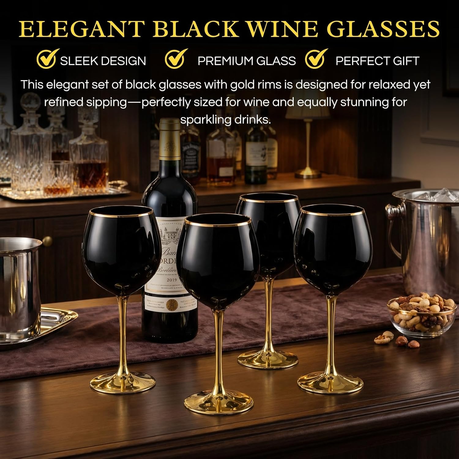 Savant Set of 4 Black Wine Glasses with Gold Stem and Rim, 14 oz - Luxury Wine Glassware for Tasting, Weddings, Anniversaries, Birthdays - Image 3