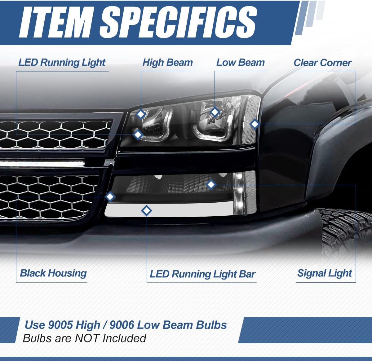 Auto Dynasty LED DRL Headlights Assembly Compatible with 2003-2007 Chevy Avalanche Silverado 1500-3500, Driver and Passenger Side 4Pcs J-Halos Headlamps w/Signal Lamps, Black Housing Clear Corner