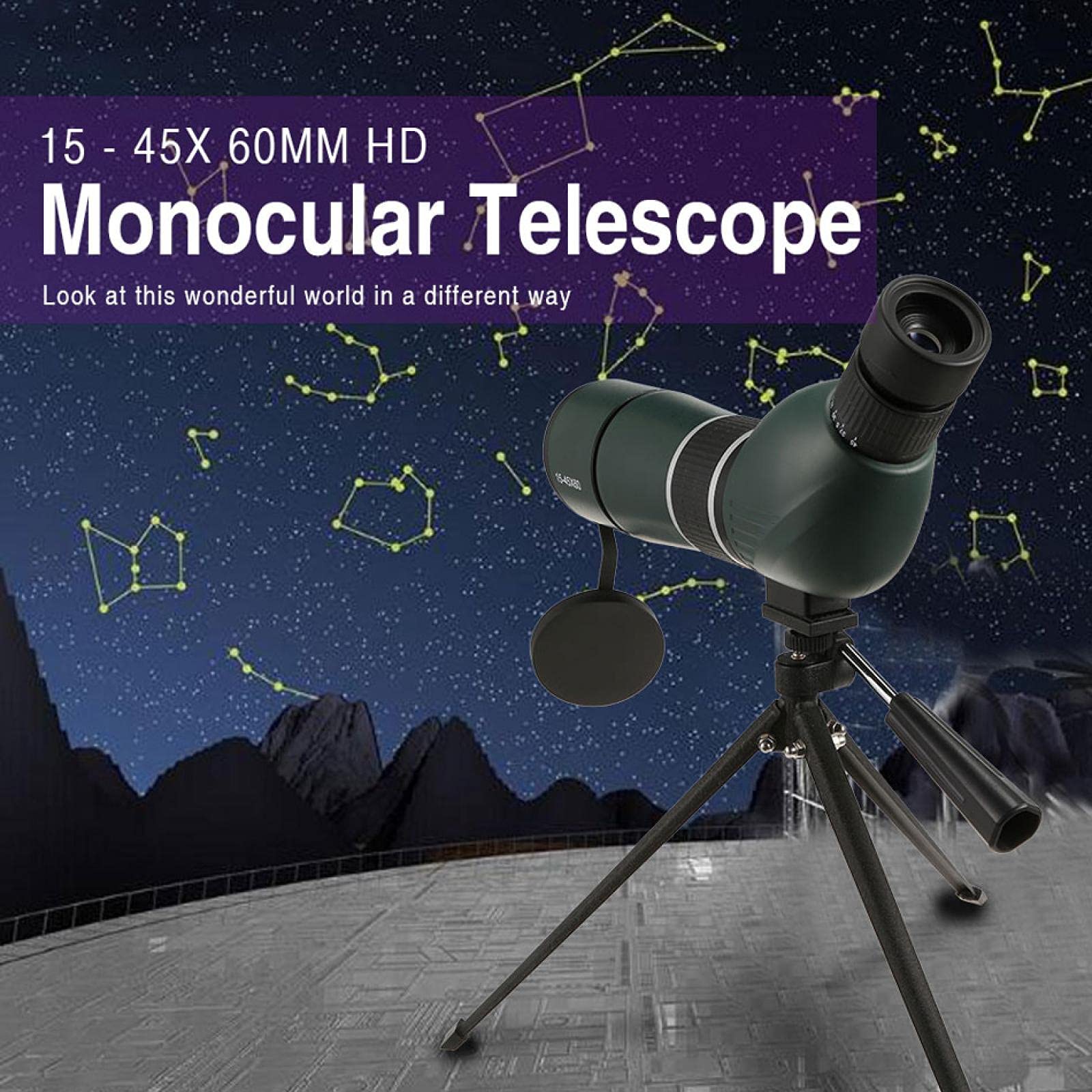 Zoom Telescopio Monoculare 15-45X60 Hd Impermeabile Per Birdwatching Con Cannocchiale Da Caccia Con Treppiede Occhio Angolato Di 45 Gradi Occhio Angolato Di 45 Gradi