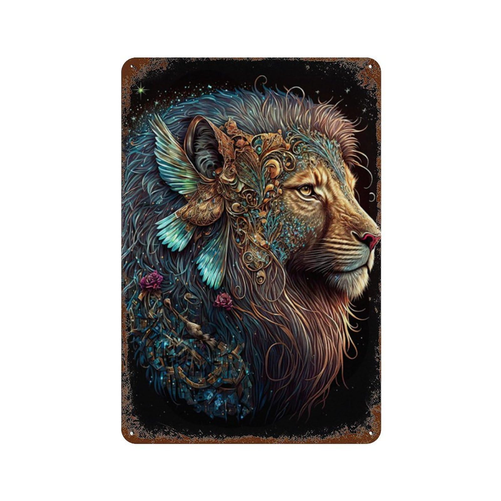 Fantasy Lion Art Print-6 Rust Effect Tin Sign 11.8"x7.9", Farmhouse Wall Decor for Living Room, Hallway And Home Decor