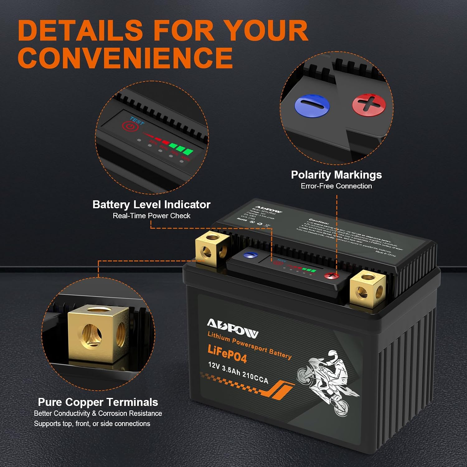 Lithium Motorcycle Battery, Fits YTX4L-BS/YTX5L-BS/YTX7L-BS/YTZ7S with 2 Spacers, 12V 3.5Ah 210CCA LiFePO4 Battery with Smart BMS, Compatible with Motorcycle Scooter ATV Jet Ski Lawn Mower