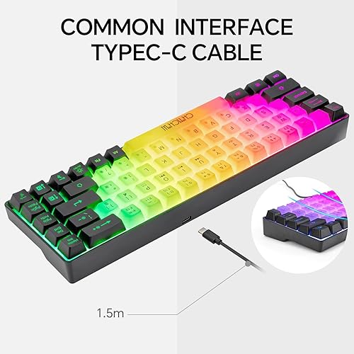 Miniatura 5 de CHONCHOW Teclado mini RGB 60% para juegos, 68 teclas, pequeño y compacto USB, con cable, arco iris, retroiluminado, teclado para juegos para Xbox