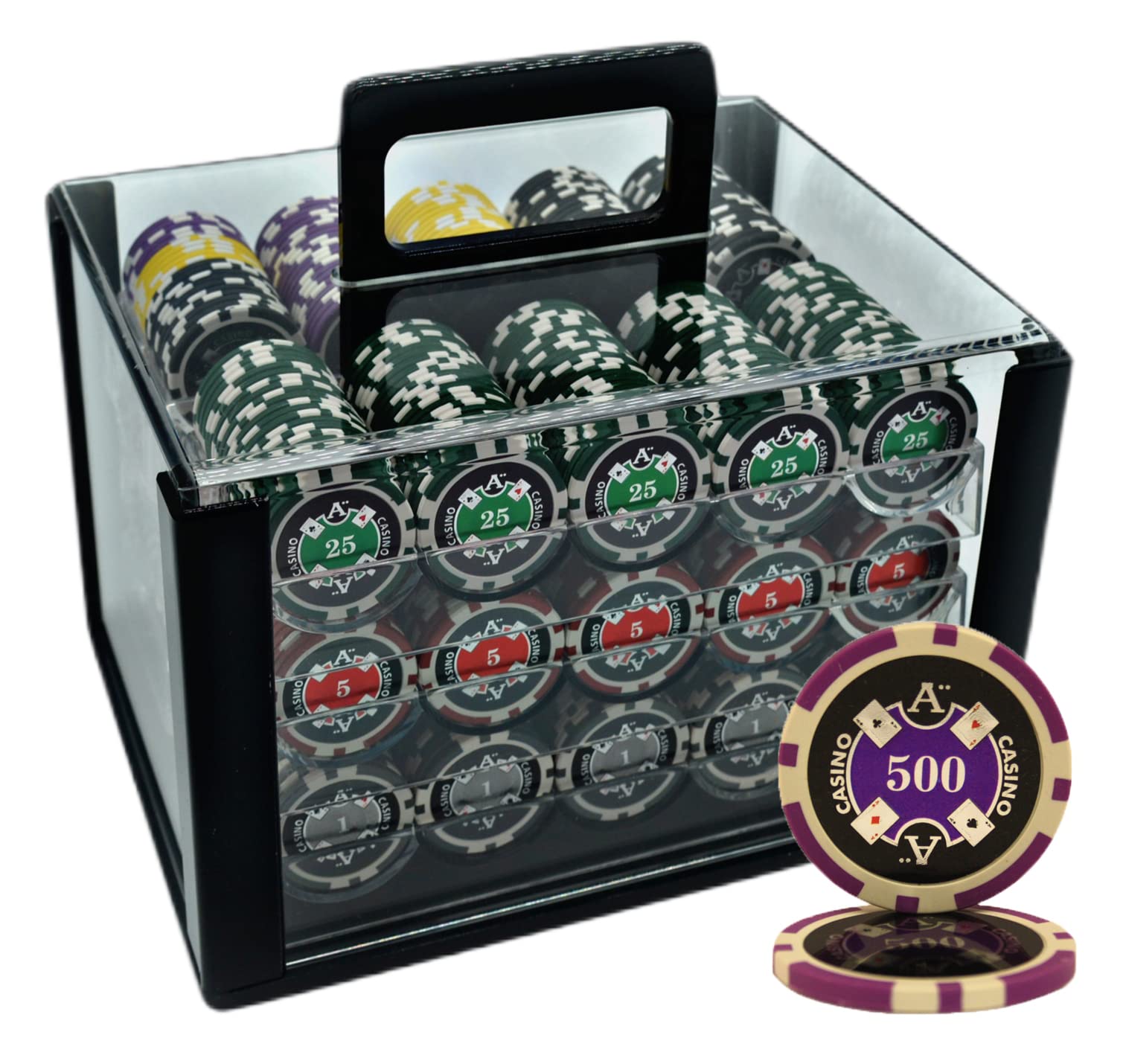 600PCS 13.5G ACE Casino Poker Chips Set with Heavy Duty Acrylic CASE& Chips Trays