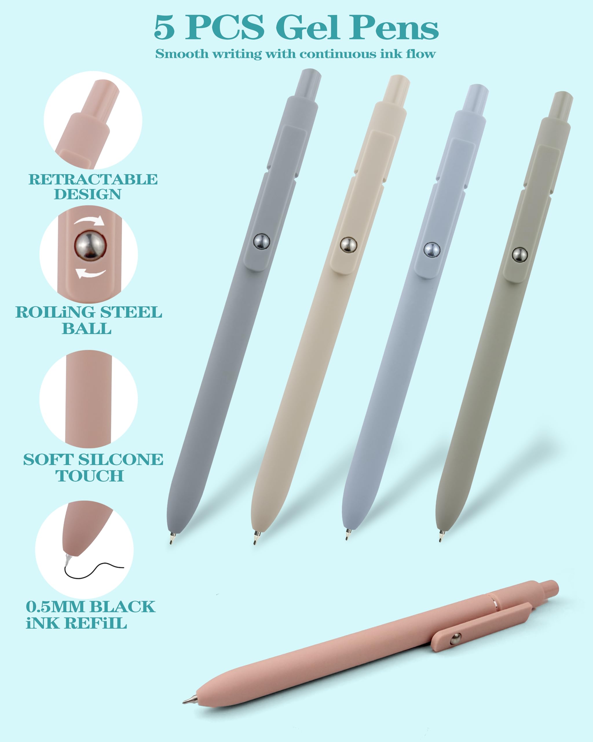 Set di articoli per la scuola estetica, 54 pezzi, con astuccio, 12 evidenziatori, 5 penne gel nere e 6 colorate, penna a sfera 6 in 1, 5 matite meccaniche da 0,5-2,0 mm, per articoli essenziali per il