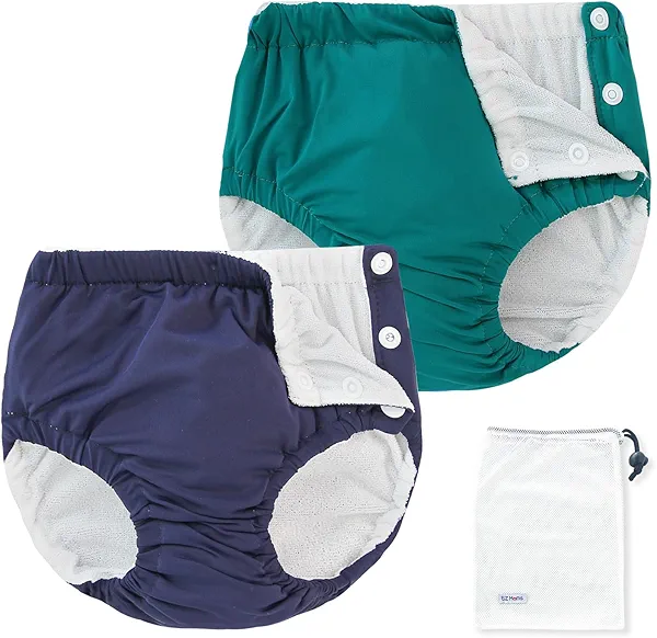 EZ Moms 2 Packs Reusable Swim Diapers Toddler Baby Swim Diaper Size 2 Washable Snap Pool Swimming Diaper 2T Soft and Silky Waterproof Diapers for Swimming Lessons Boys and Girls with a Laundry Bag