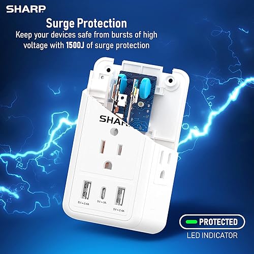 Miniatura 4 de Sharp Cargador de pared USB, protector de sobretensión, extensor de salida con 6 tomas de corriente espaciadas amplias, carga rápida, 2 USB-A y 1