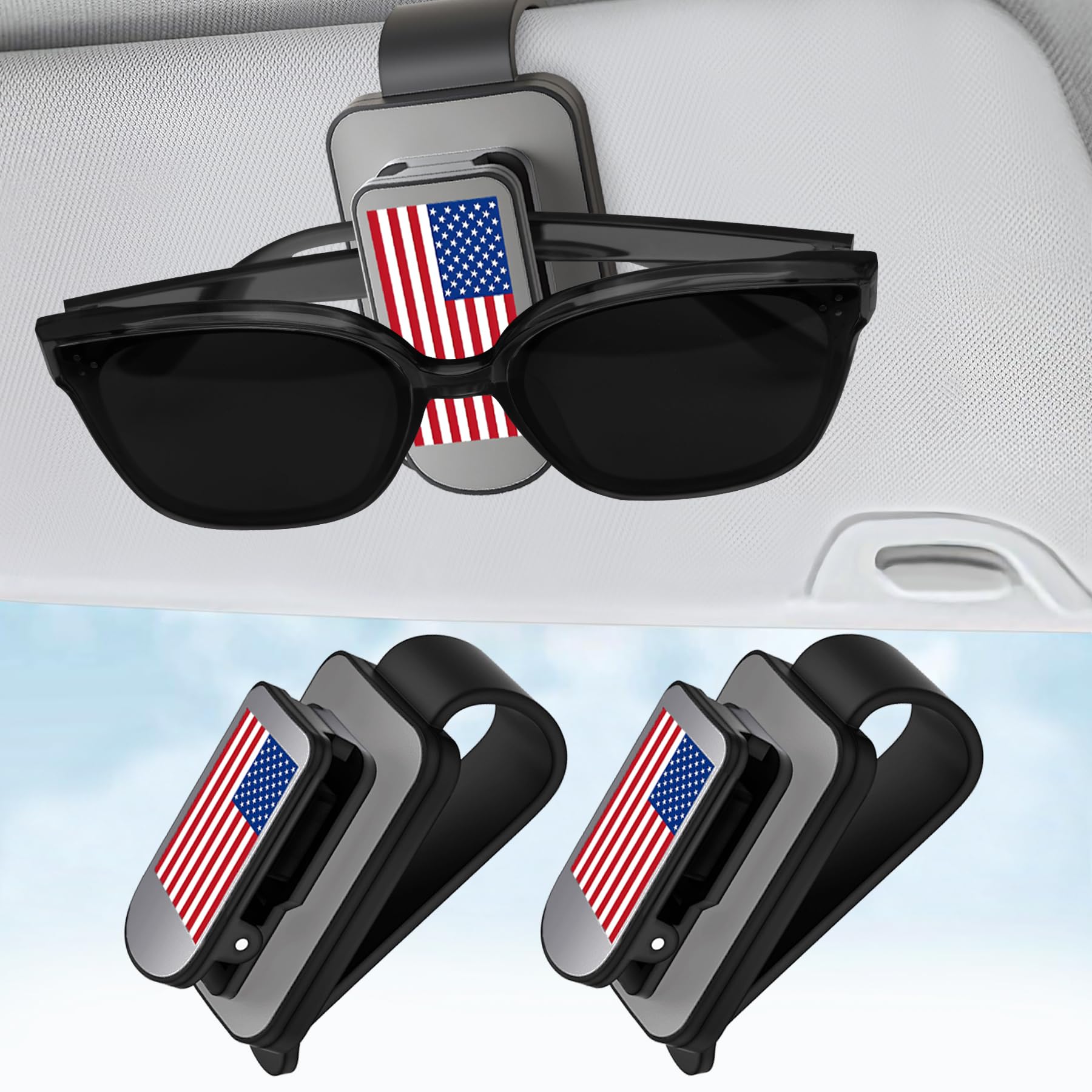 JUNJIAWU Sunglass Holder for Car Visor: 2 Pack American Flag Sun Visor Glasses Clip - Eyeglasses Ticket Card Clip Car Interior Accessories