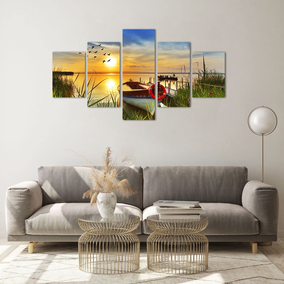 Tableau Déco Mural En Verre 150x100 Cm – Impression Coucher De Soleil Bateau Lac, 5 Parties, Cadre Noir Inclus