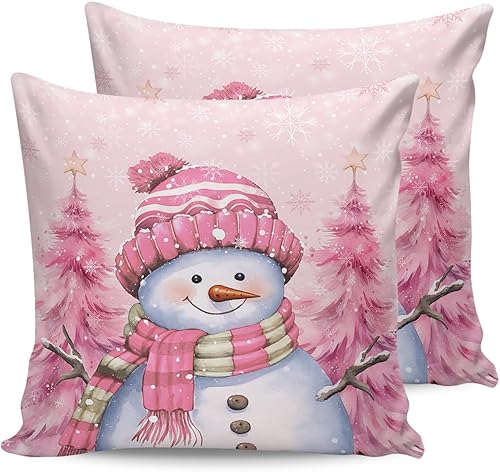 Miniatura 7 de Funda de almohada de invierno para exteriores, diseño de muñeco de nieve, pino, rosa, impermeable, paquete de 2 fundas de almohada con copos de