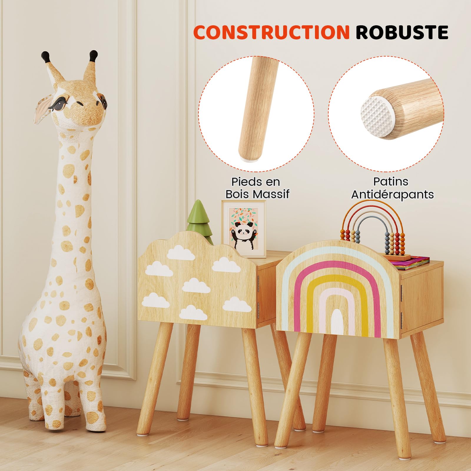 COSTWAY Lot de 2 Table de Chevet Enfant avec Motif Arc-en-Ciel et Nuage, Table de Nuit Enfant Fille avec Portes & Pieds en Bois Massif & Dispositif Anti-basculement, 34x30x54 cm, Naturel