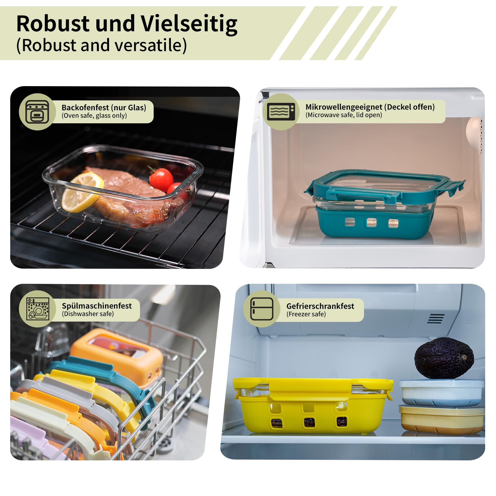 QuaLife Glas Lunchbox Set 6 x 640 ml mit Silikon-Schutzmantel & Glasdeckel, Auslaufsicher, Meal Prep Behälter aus Borosilikatglas, Stapelbar, Mikrowellen-, Ofen- & Spülmaschinengeeignet, BPA-frei