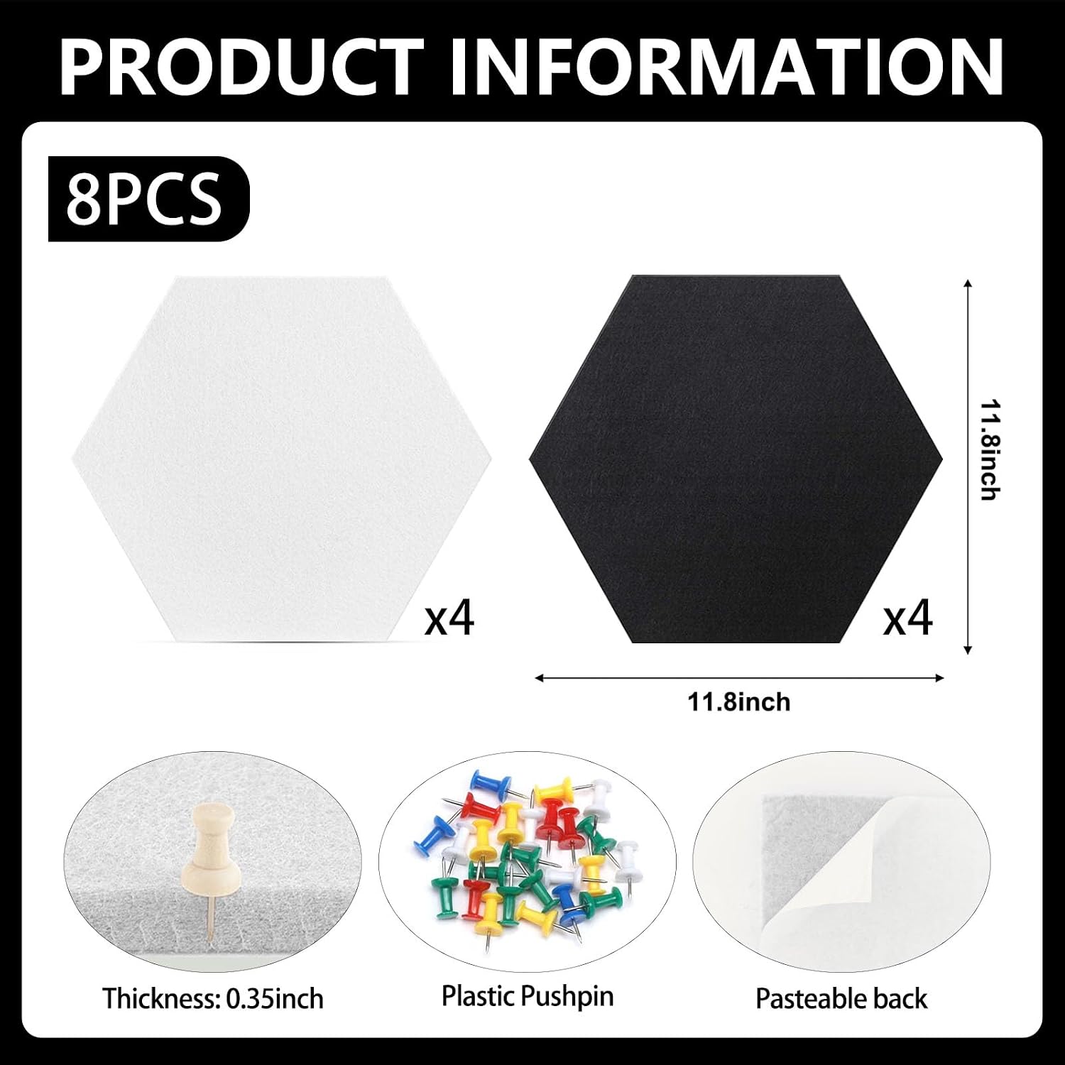 8 Packs Black White Hexagon Felt Pin Board, 12" Bulletin Board with 30 Push Pins, Felt Board for Home Kitchen Office Decor, Self-Adhesive Corkboard Tiles for Walls Message Photos Memos Display
