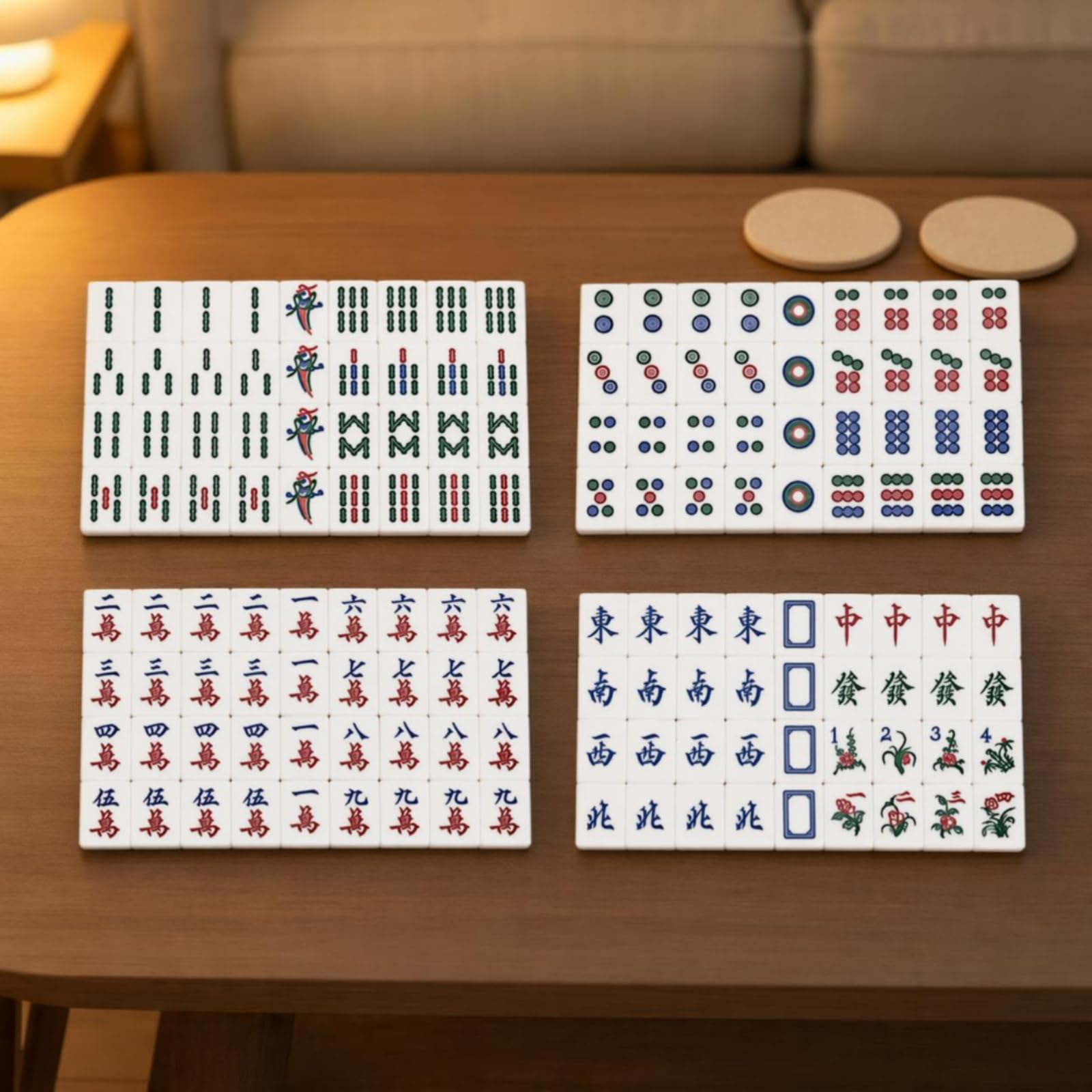Hongkong-Mahjong-Set Blumensteine 37er-Mahjong-Set Rechteckig Gesellschaftsspiel, Array, Elfenbein Gelb, 7分牙黄 37 +皮盒