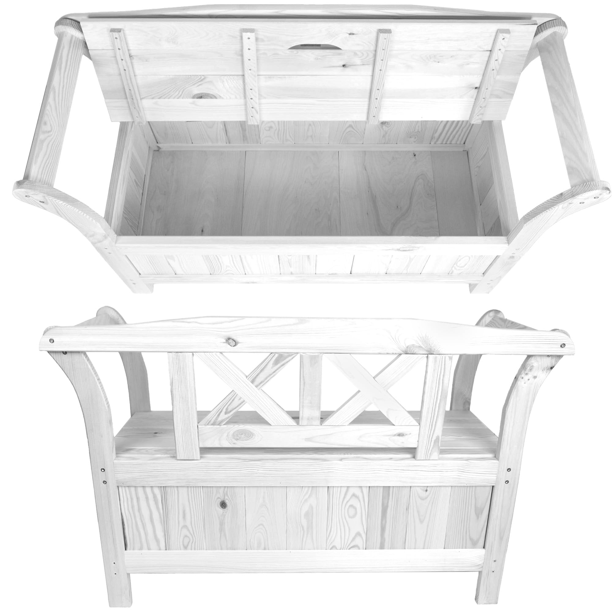 KADAX Gartenbank, 119x45x73 cm Banktruhe aus Einer Holzfaserplatte, Sitzbank mit Stauraum und Rücklehne, Holzbank für Garten, Balkon (119 cm/Weiß)