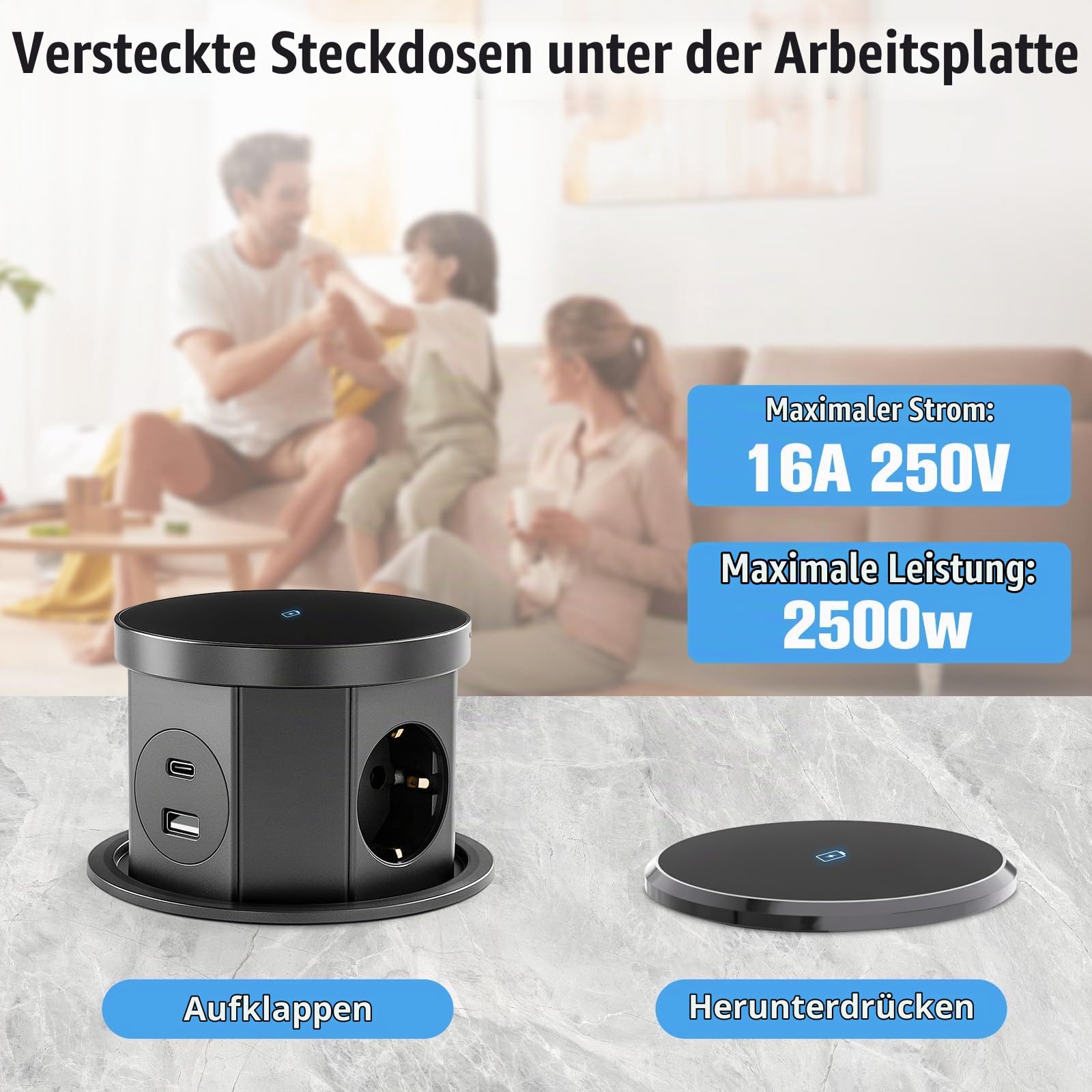 Versenkbare Steckdose, Tischsteckdose mit 15W Kabellosem Ladegerät,1 USB C, 1 USB-A, für Büro Küche Tischsteckdosenleiste, 1.5m Kabel, D 120mm