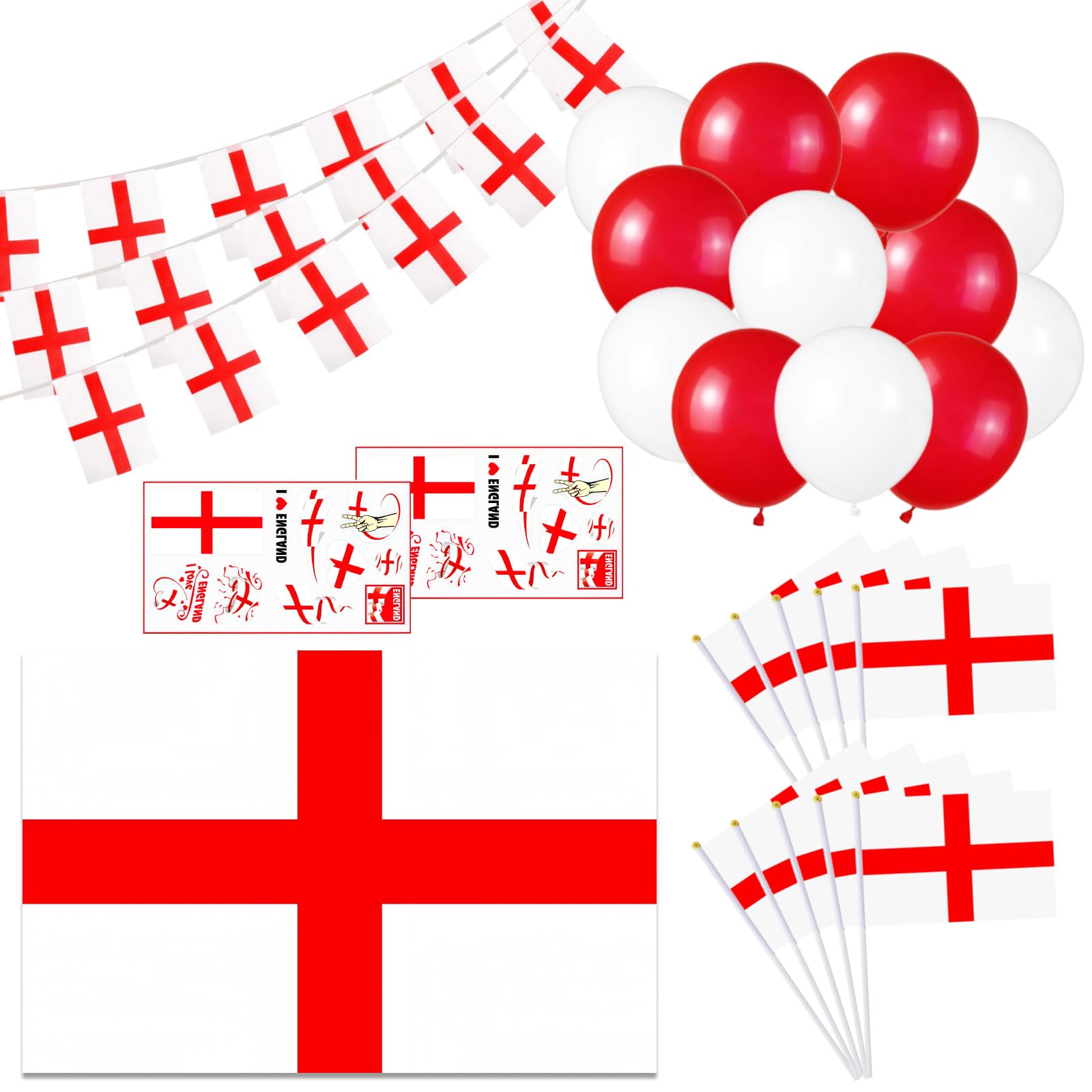 England St Georges Flag Decorations Set 10m England String Flag 1 Large St Georges Flag 10 Hand Waved Flags 2 Tattoo Stickers 12 Red and White Balloons for St. George's Day World Cup 2026 Decorations