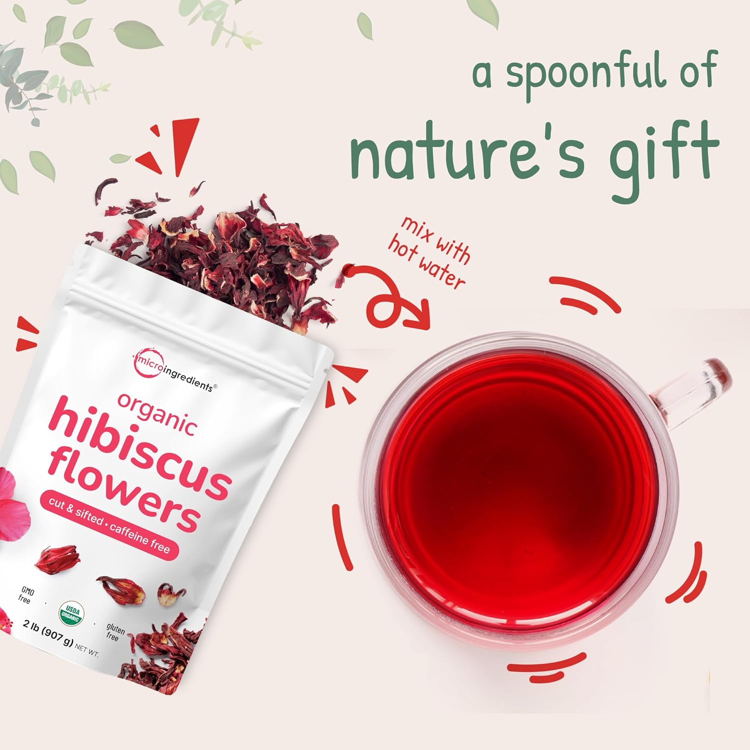 Organic Hibiscus Flowers, 2lbs (450+cups) | Flor de Jamaica, Loose Leaf Tea for Hibiscus Tea Bags | Cut & Sifted Dried Leaves | Caffeine Free, Non-GMO, No Sugar