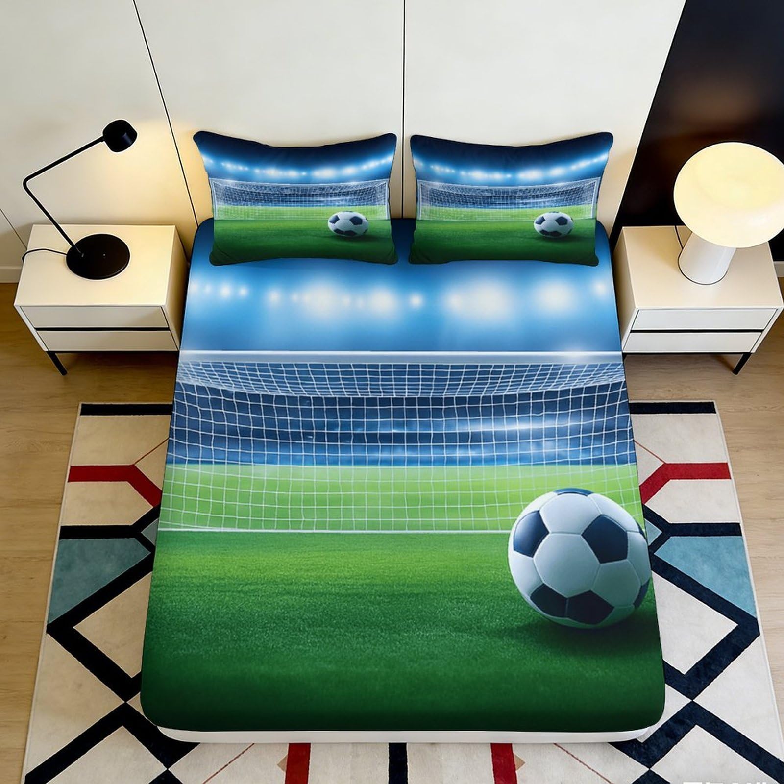 3D Printed Football Stadium Fitted Sheet Microfiber Soft Non-Slip Soccer Field Mattress Cover Bedroom Decor 90x200x25cm