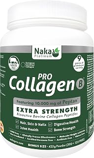 425gr Powder Naka Platinum Hydrolyzed Bovine Collagen Peptides Protein featuring 10,000 mg of Peptan, Better Absorption, Grass Fed, Extra Strength. For Skin, Nails, Bones and Joints, Non GMO, Unflavoured