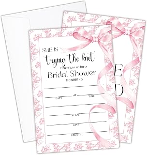 Lesixur She Is Trying the Knot 25 Bridal Shower Invites Bow Wedding Shower Invitations with Envelopes, Wedding Party Cards for Engagement Party-07