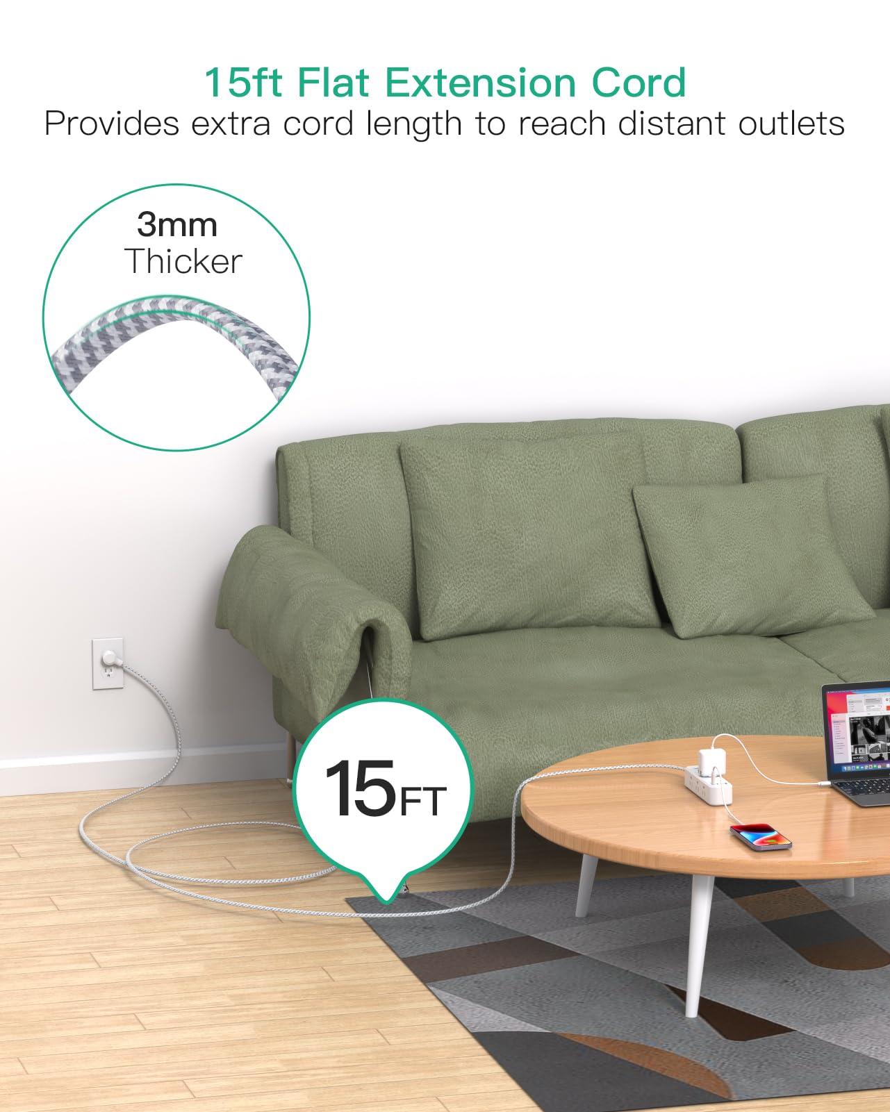 Cable de extensión de 15 pies, protector de sobretensión, cable de extensión largo con 9 tomas, 3 puertos USB, cable de extensión con múltiples tomas de corriente USB
