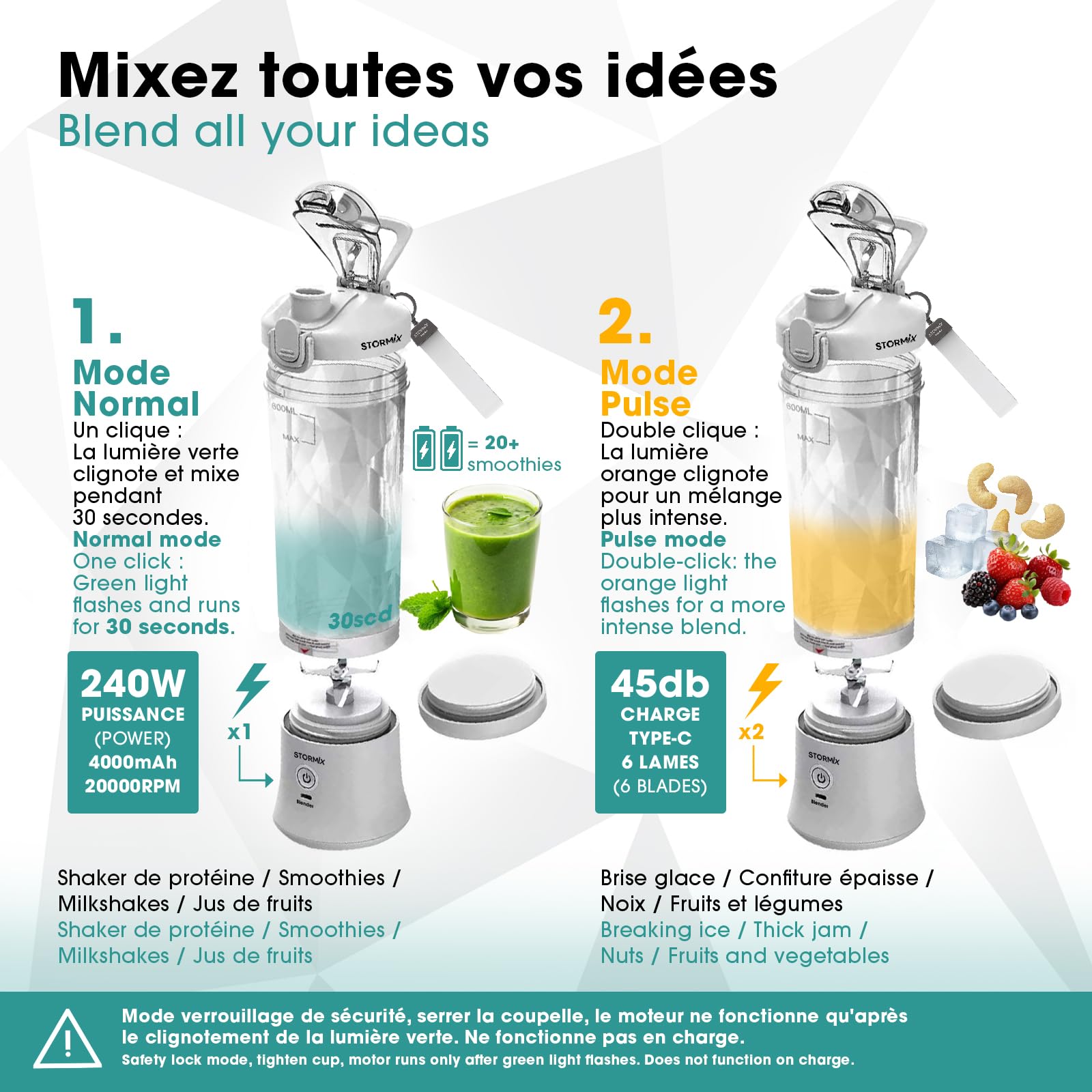 STORMIX - Batidora portátil y bolsa isotérmica - Batidora potente 150 W - 6 cuchillas de acero inoxidable - batidos, cocteleras, hielo picado - USB-C recargable - funda termoaislante - fácil
