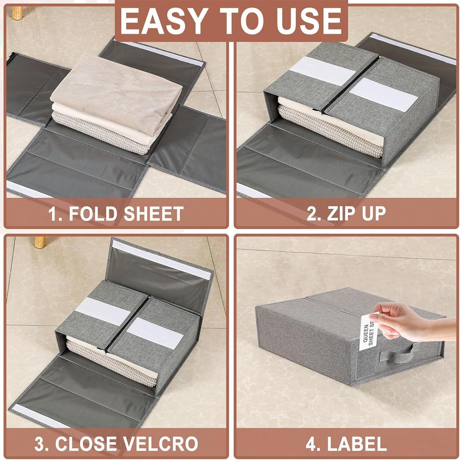 Set organizer per lenzuola, pieghevole, per coperte, copripiumino e lenzuola, 4 pezzi, grigio