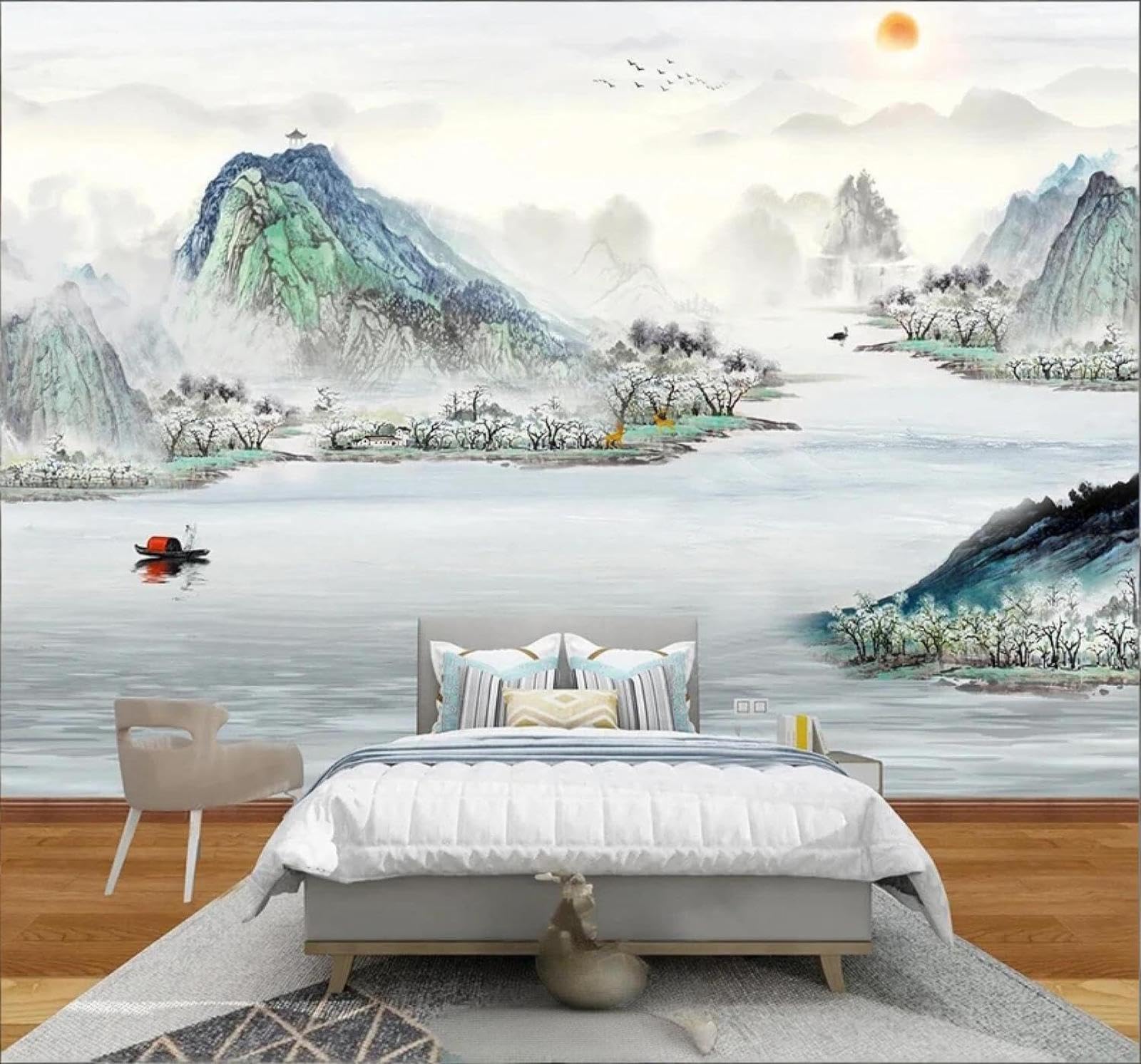 XLMING Fresh Hand Drawn Ink Landscape Scenery 3D Wallpaper Luxury Silk Study Dining Feature Sofa Grey Bedroom Living Room Tv Decorative Wall-150cm×105cm