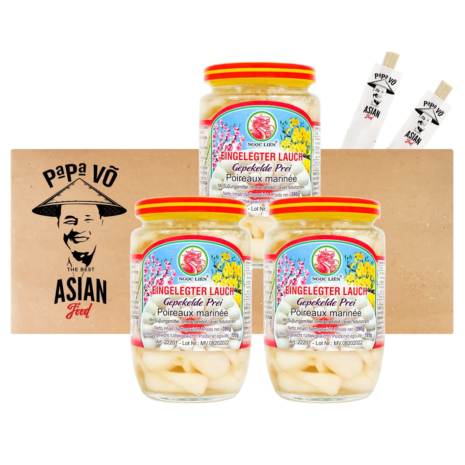 3er Pack (3x 390g(ATG195g)) Ngoc Lien Cu Kieu Chua Ngot Eingelegte Lauchzwiebeln (Papa Vo®)