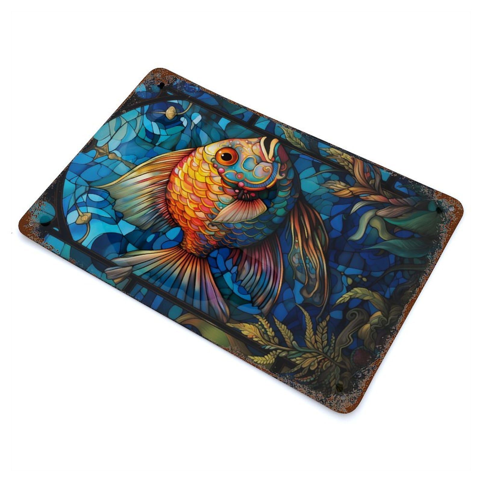 Fairy Wrasse Stained Glass 11.8"x7.9" Vintage Rust Metal Sign, Shabby Chic Decor for Garage, Bar And Workshop Decor