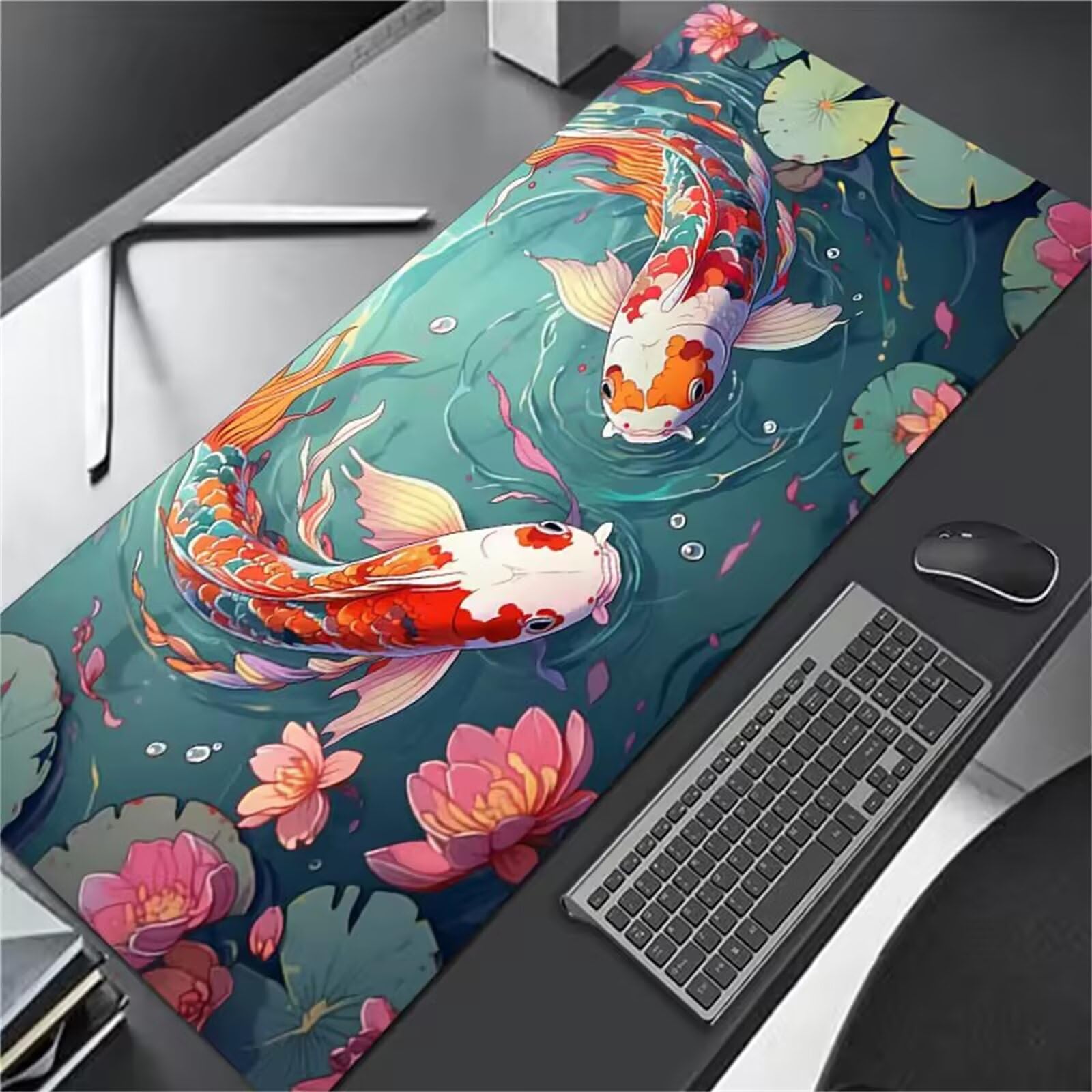 Grand Tapis de Souris de Jeu 1000x500x2 mm Mouse Pad Gaming Carpe Koï Lotus Rose Tapis de Bureau Antidérapant avec Bords Cousus pour Bureau, Études, Gamer